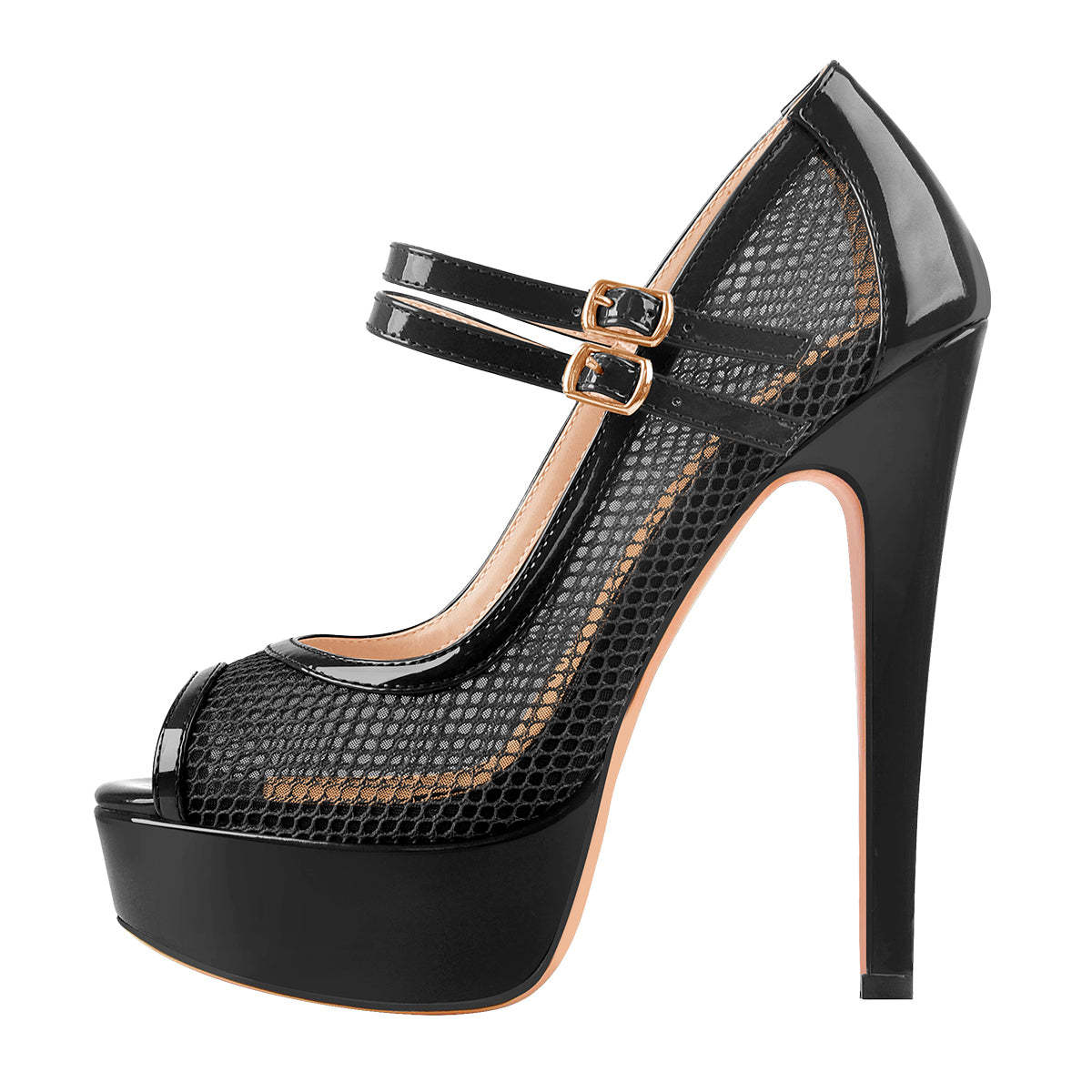 Peep Toed Plateau Pumps mit Schnallen Riemchenpumps Sexy Stilettos Mesh Riemchenpumps