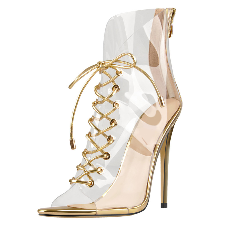 Goldene Schnürsenkel mit transparentem Reißverschluss Offene Zehe Sandalen Stiefel