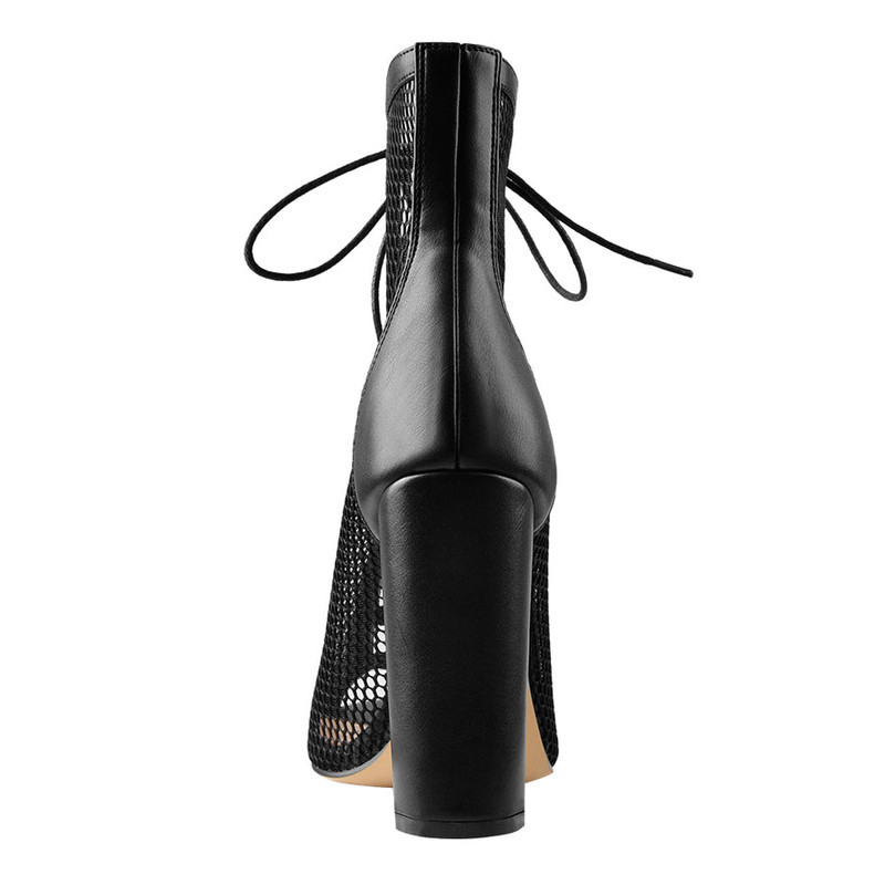 Blockabsatz Schnürsenkel Peep Toe Netz Sandalen