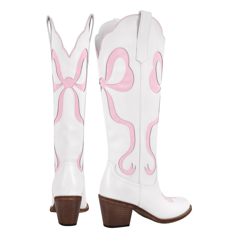 Schleife spitze Zehenpartie kniehohe Weiße Cowgirl Stiefel
