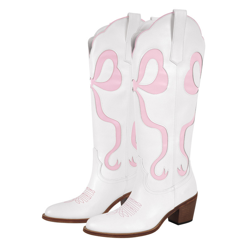 Schleife spitze Zehenpartie kniehohe Weiße Cowgirl Stiefel
