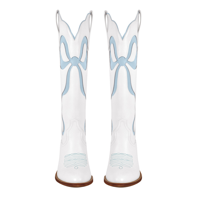 Schleife spitze Zehenpartie kniehohe Weiße Cowgirl Stiefel