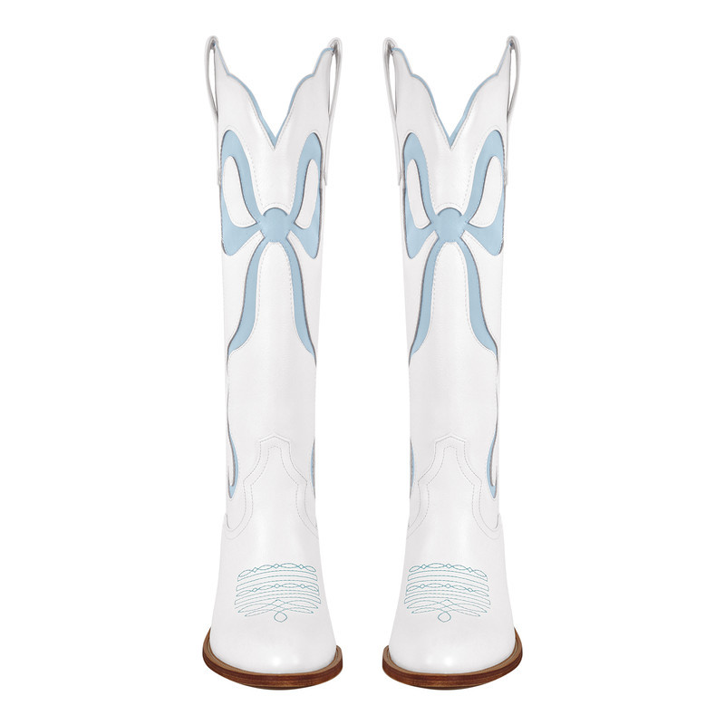 Schleife spitze Zehenpartie kniehohe Weiße Cowgirl Stiefel