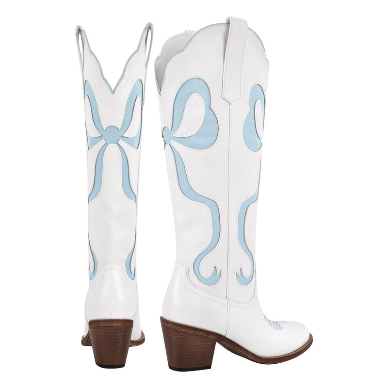 Schleife spitze Zehenpartie kniehohe Weiße Cowgirl Stiefel