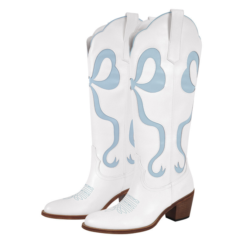 Schleife spitze Zehenpartie kniehohe Weiße Cowgirl Stiefel