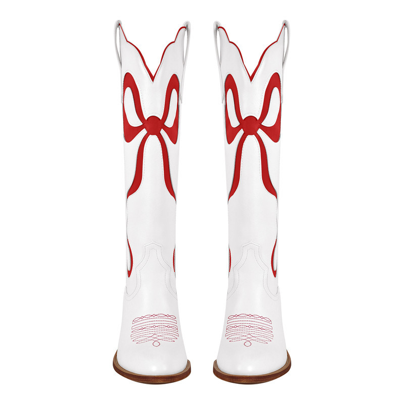 Schleife spitze Zehenpartie kniehohe Weiße Cowgirl Stiefel