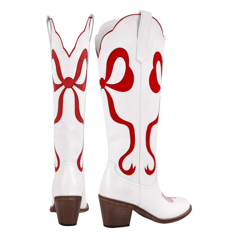 Schleife spitze Zehenpartie kniehohe Weiße Cowgirl Stiefel