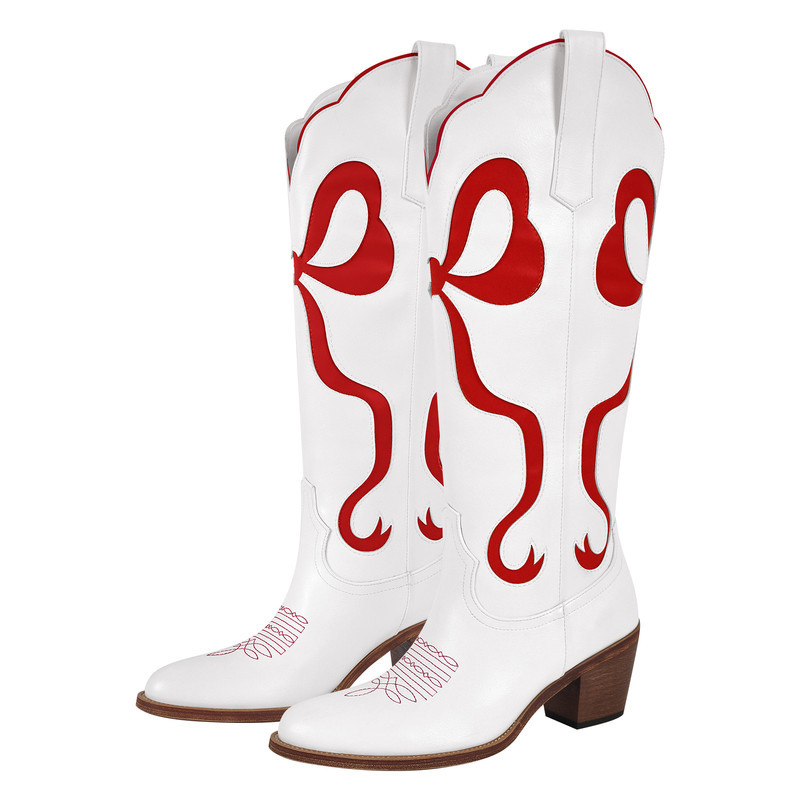 Schleife spitze Zehenpartie kniehohe Weiße Cowgirl Stiefel