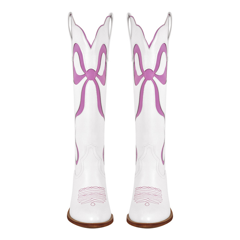 Schleife spitze Zehenpartie kniehohe Weiße Cowgirl Stiefel