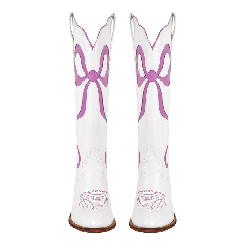 Schleife spitze Zehenpartie kniehohe Weiße Cowgirl Stiefel