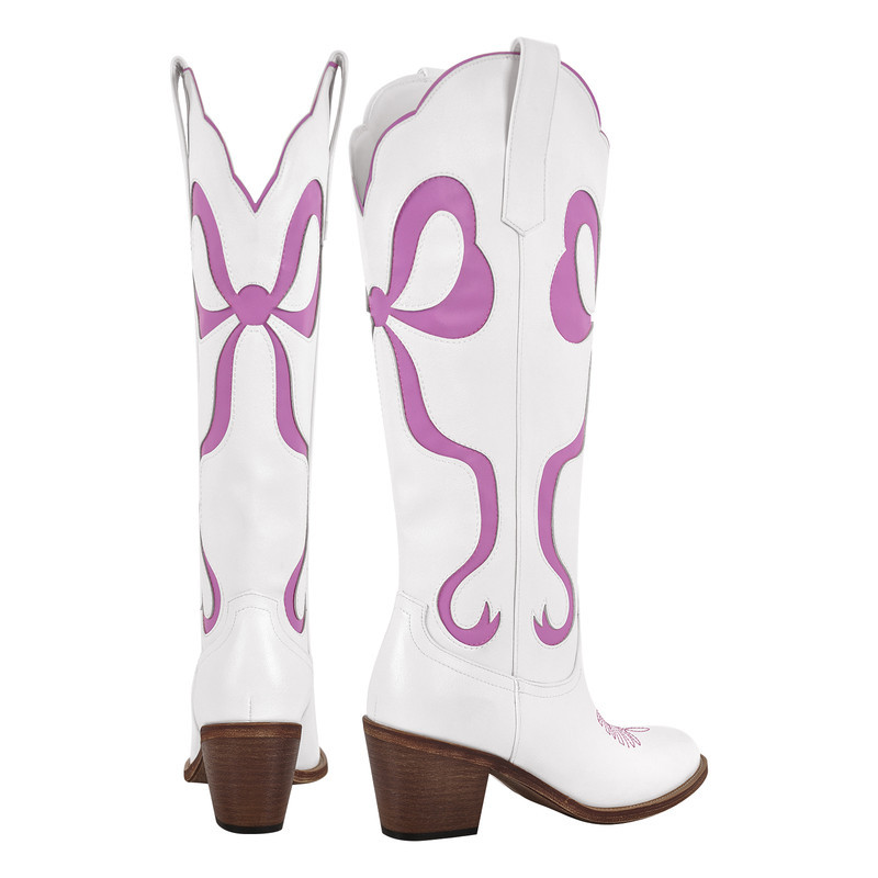 Schleife spitze Zehenpartie kniehohe Weiße Cowgirl Stiefel