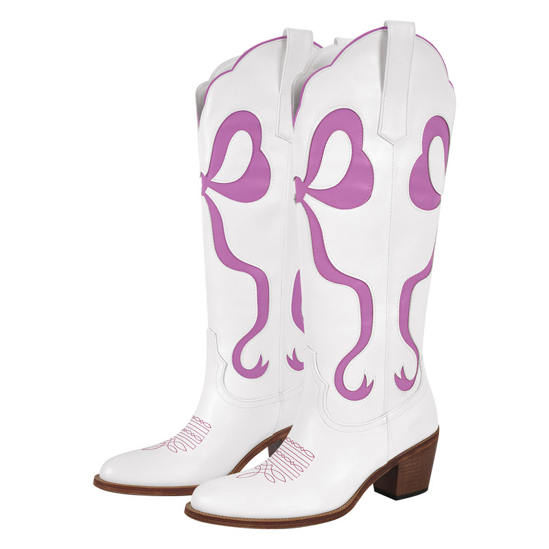 Schleife spitze Zehenpartie kniehohe Weiße Cowgirl Stiefel