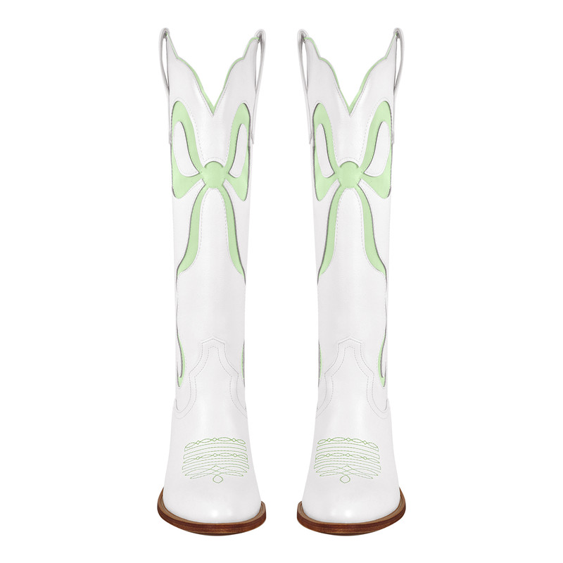 Schleife spitze Zehenpartie kniehohe Weiße Cowgirl Stiefel