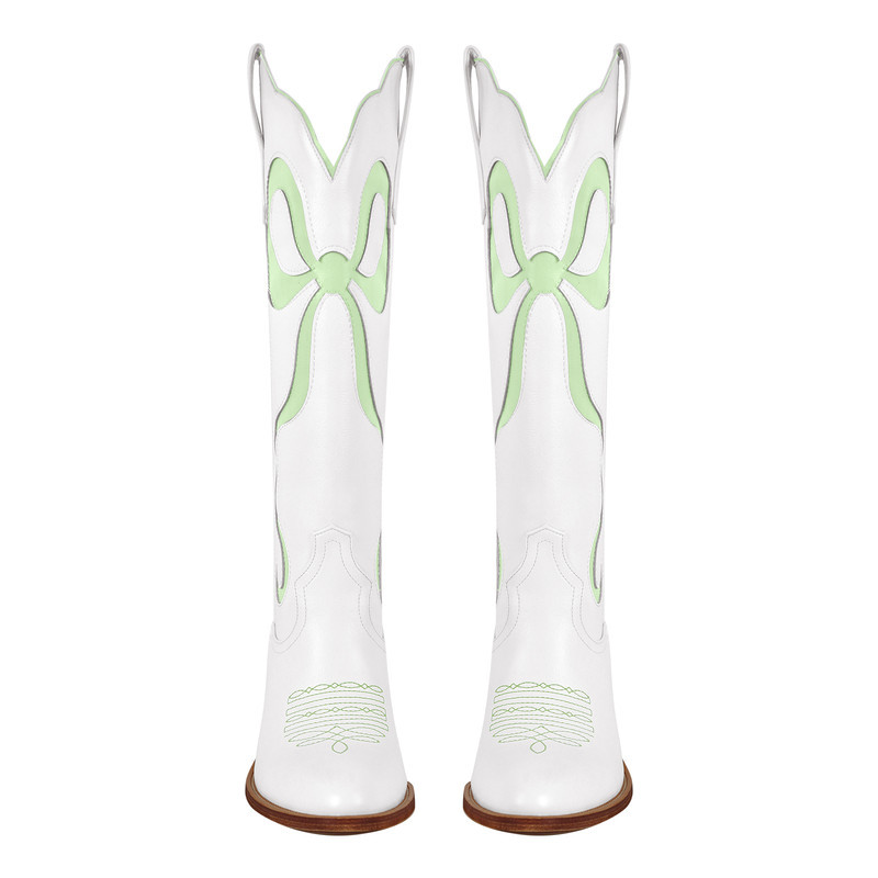 Schleife spitze Zehenpartie kniehohe Weiße Cowgirl Stiefel