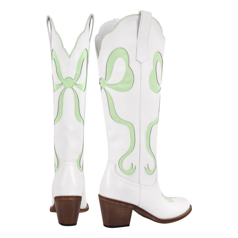 Schleife spitze Zehenpartie kniehohe Weiße Cowgirl Stiefel