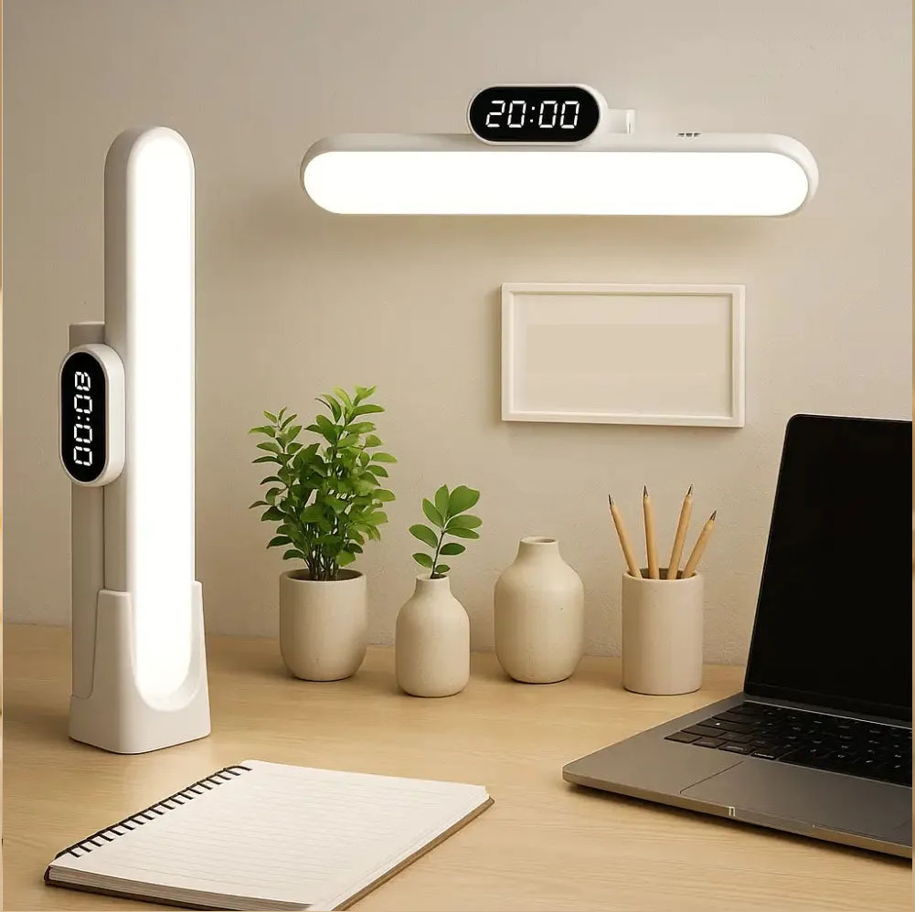 LED Desk Lamp with Digital Clock – Minimalist Rechargeable St