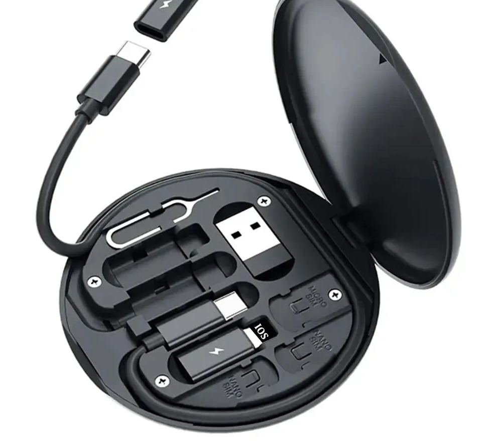 Multi-Function 6-in-1 Charging Cable Kit with USB, Type-C, Micro USB, SIM Ejector & Storage Case – Portable Travel Adapter Set