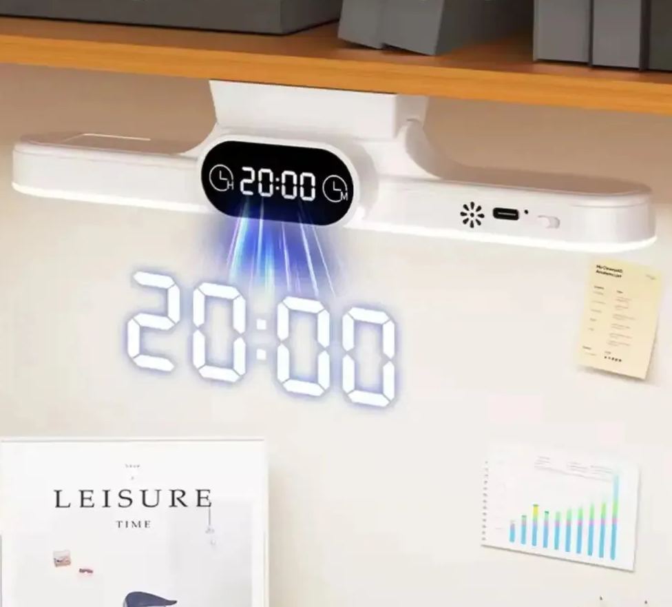 LED Desk Lamp with Digital Clock – Minimalist Rechargeable Study & Work Light