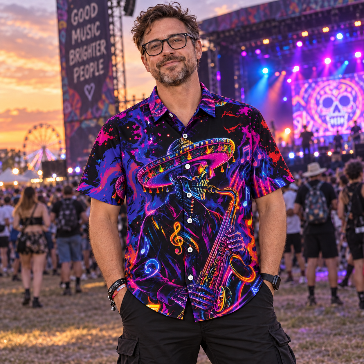 Skeleton playing the saxophone – Cyberpunk style Geek Hawaiian Shirt