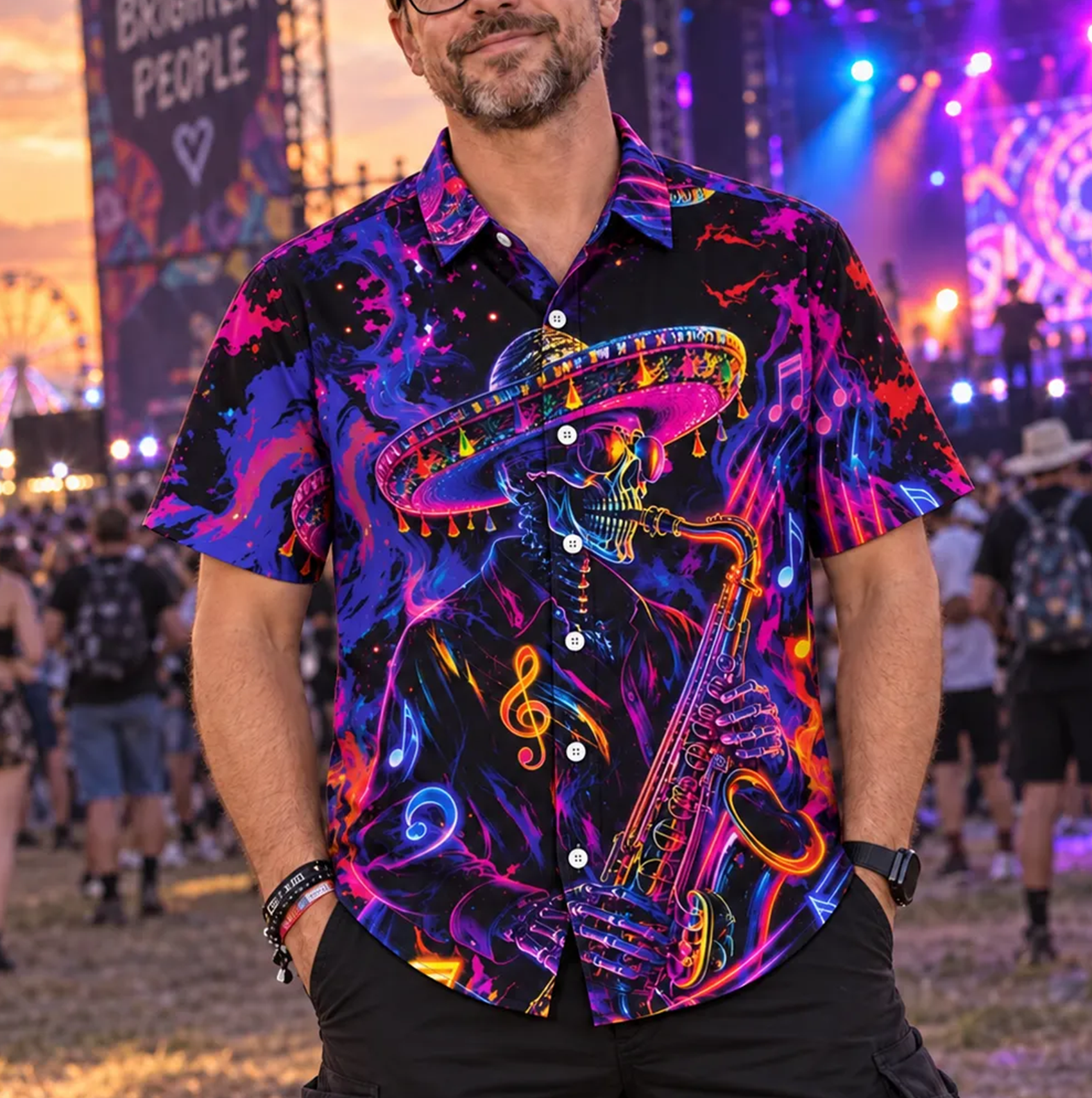 Skeleton playing the saxophone – Cyberpunk style Geek Hawaiian Shirt