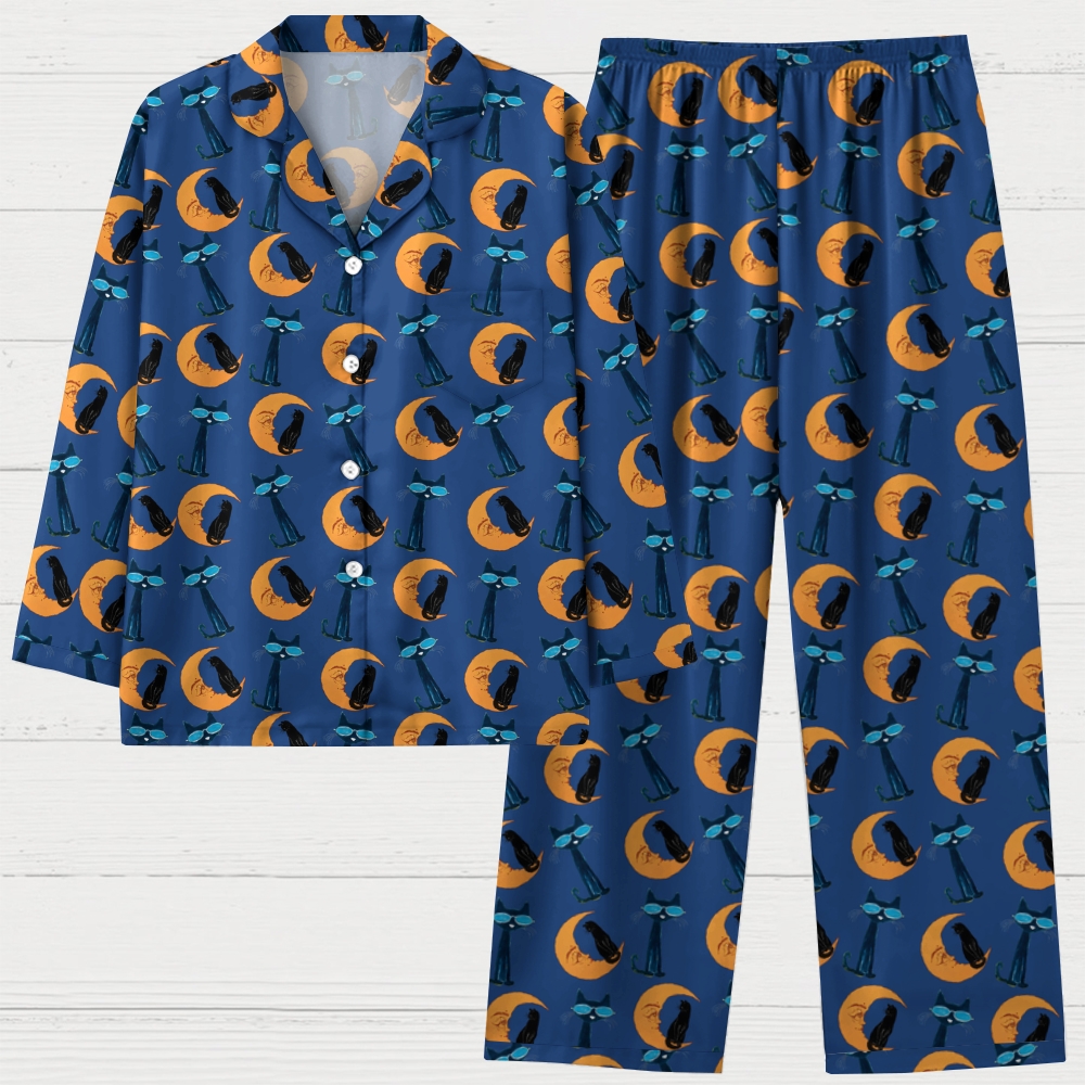 Moon Black Cat Print Geek Long Sleeve Pajama Set 