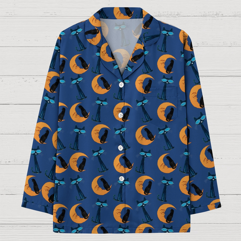 Moon Black Cat Print Geek Long Sleeve Pajama Set 
