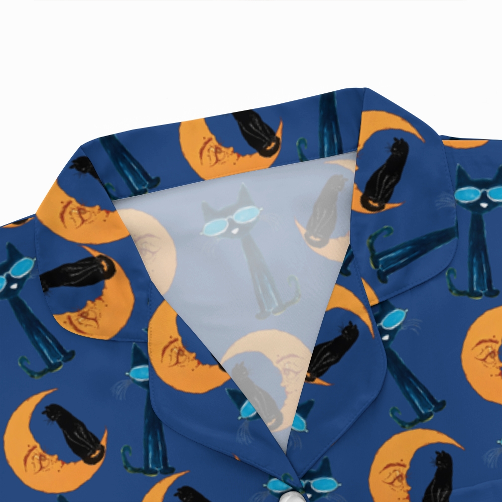 Moon Black Cat Print Geek Long Sleeve Pajama Set 