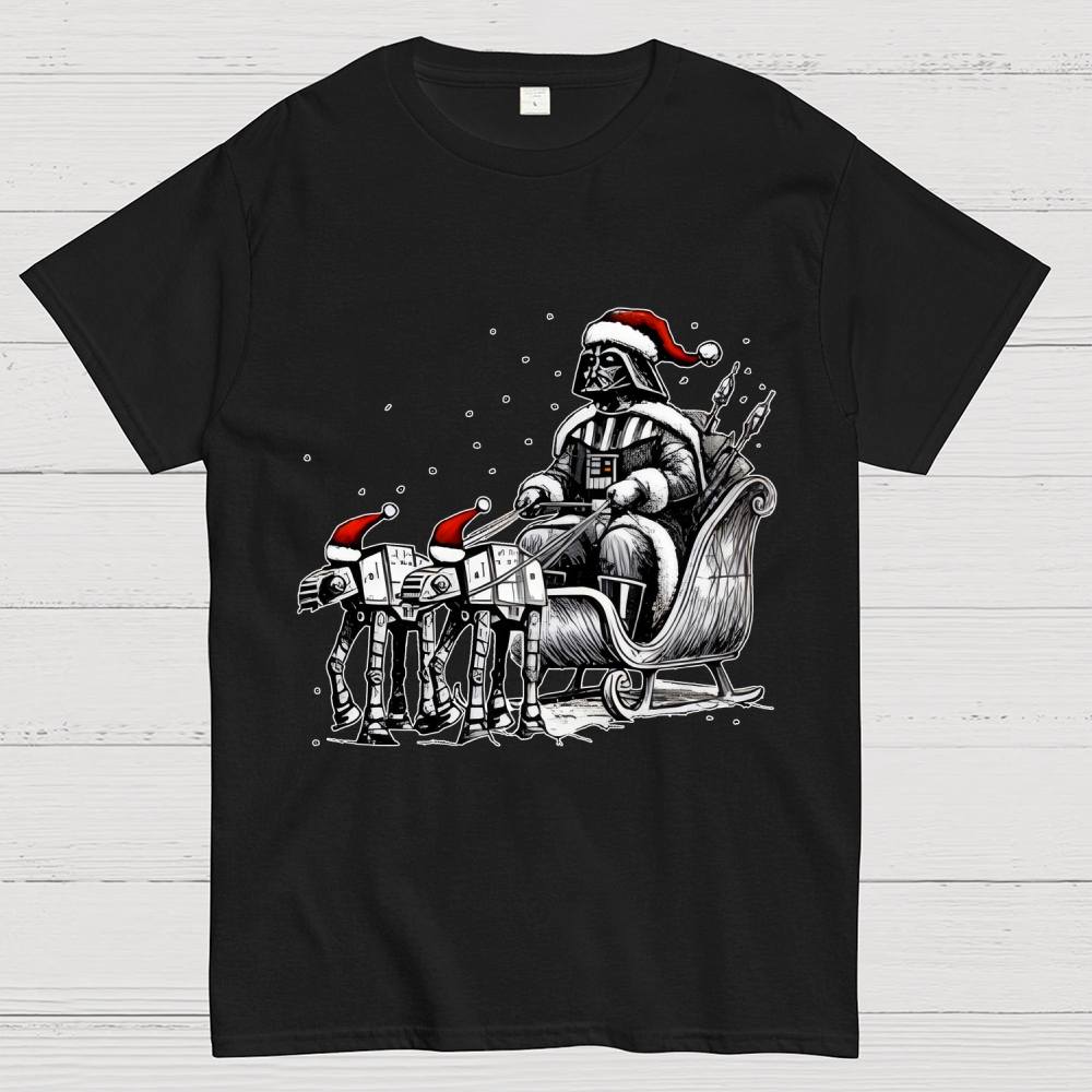 Darth Vader Riding A Sleigh Pulled By Empire Robot Dog-Planet Battles Christmas Geek T-Shirt
