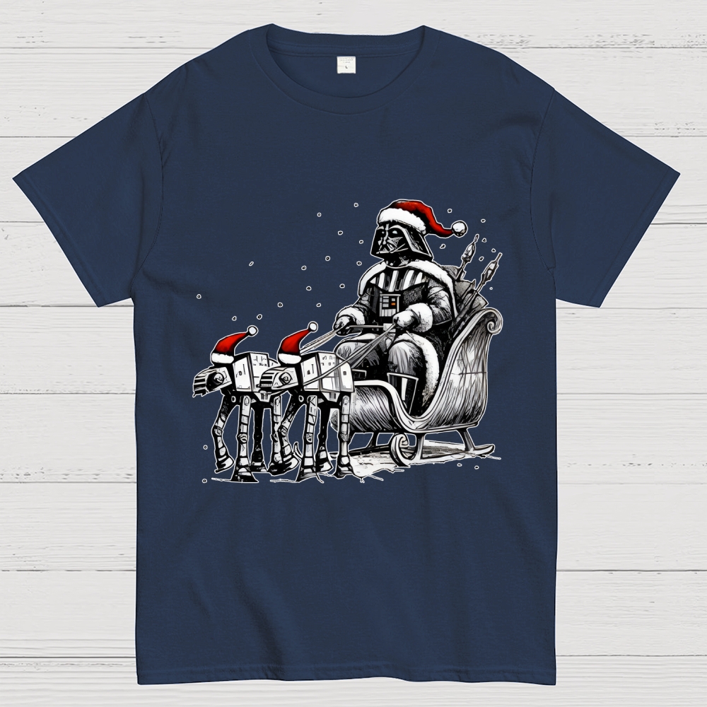 Darth Vader Riding A Sleigh Pulled By Empire Robot Dog-Planet Battles Christmas Geek T-Shirt