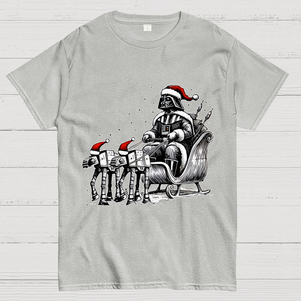 Darth Vader Riding A Sleigh Pulled By Empire Robot Dog-Planet Battles Christmas Geek T-Shirt