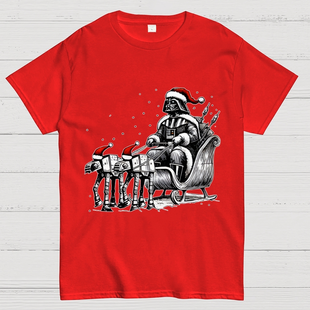 Darth Vader Riding A Sleigh Pulled By Empire Robot Dog-Planet Battles Christmas Geek T-Shirt