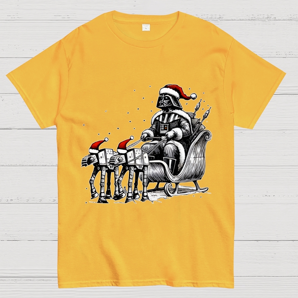 Darth Vader Riding A Sleigh Pulled By Empire Robot Dog-Planet Battles Christmas Geek T-Shirt