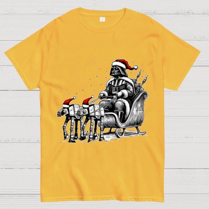 Darth Vader Riding A Sleigh Pulled By Empire Robot Dog-Planet Battles Christmas Geek T-Shirt