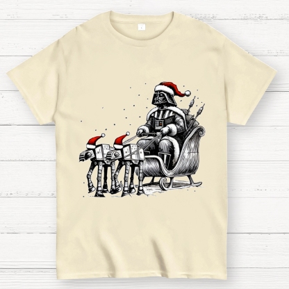 Darth Vader Riding A Sleigh Pulled By Empire Robot Dog-Planet Battles Christmas Geek T-Shirt