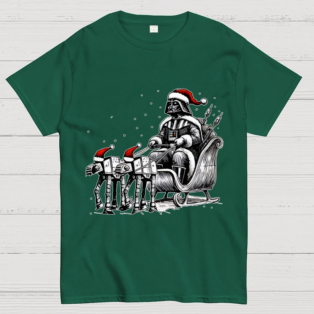 Darth Vader Riding A Sleigh Pulled By Empire Robot Dog-Planet Battles Christmas Geek T-Shirt