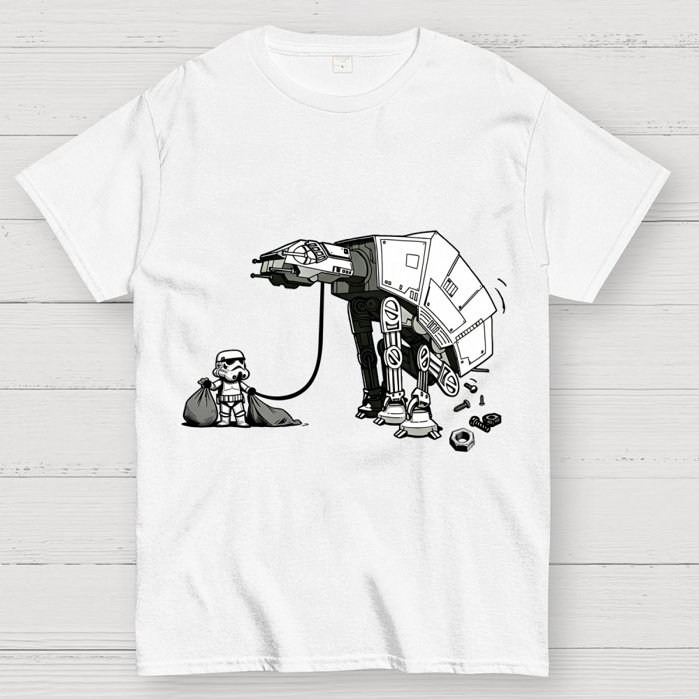 A Stormtrooper Is Picking Up Feces With A Huge Poop Bag Empire Robot Dog-Planet Battles Geek T-Shirt
