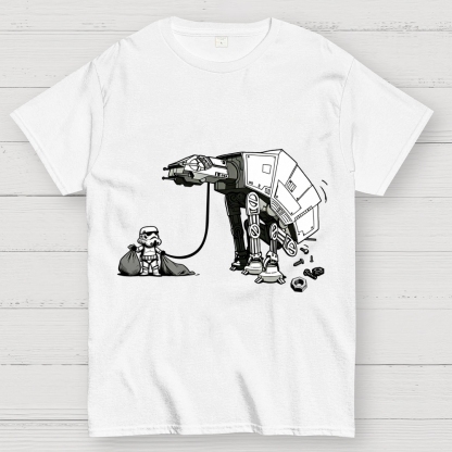 A Stormtrooper Is Picking Up Feces With A Huge Poop Bag Empire Robot Dog-Planet Battles Geek T-Shirt