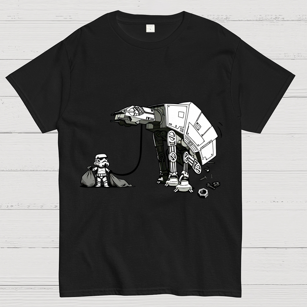 A Stormtrooper Is Picking Up Feces With A Huge Poop Bag Empire Robot Dog-Planet Battles Geek T-Shirt