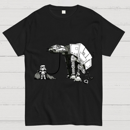 A Stormtrooper Is Picking Up Feces With A Huge Poop Bag Empire Robot Dog-Planet Battles Geek T-Shirt