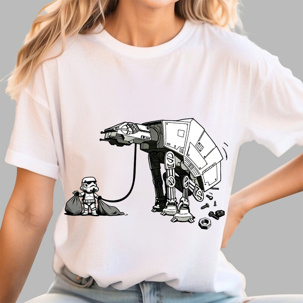 A Stormtrooper Is Picking Up Feces With A Huge Poop Bag Empire Robot Dog-Planet Battles Geek T-Shirt