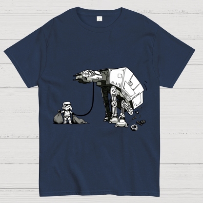 A Stormtrooper Is Picking Up Feces With A Huge Poop Bag Empire Robot Dog-Planet Battles Geek T-Shirt