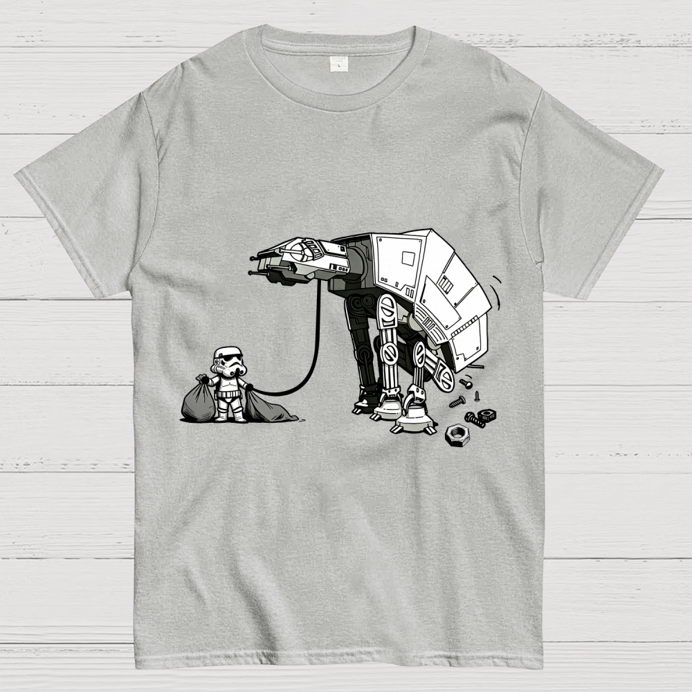 A Stormtrooper Is Picking Up Feces With A Huge Poop Bag Empire Robot Dog-Planet Battles Geek T-Shirt