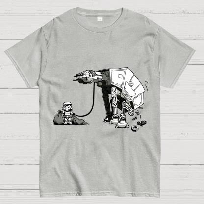 A Stormtrooper Is Picking Up Feces With A Huge Poop Bag Empire Robot Dog-Planet Battles Geek T-Shirt