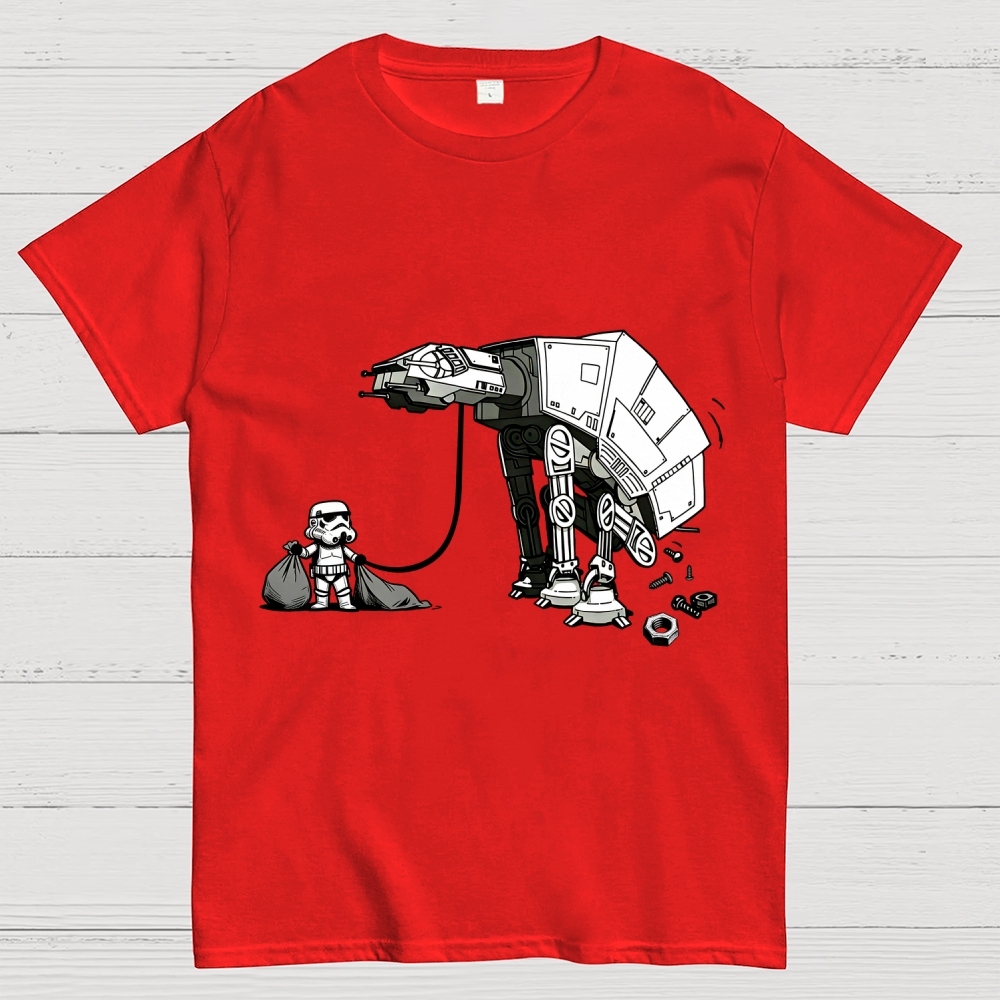 A Stormtrooper Is Picking Up Feces With A Huge Poop Bag Empire Robot Dog-Planet Battles Geek T-Shirt