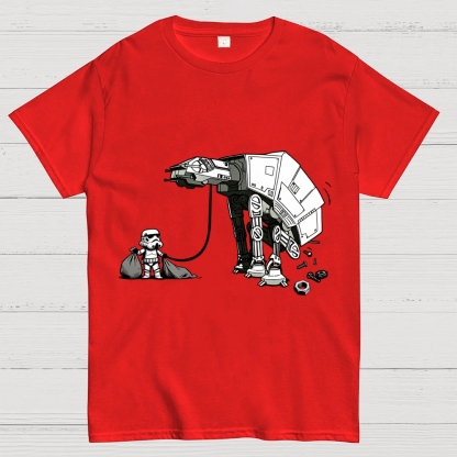 A Stormtrooper Is Picking Up Feces With A Huge Poop Bag Empire Robot Dog-Planet Battles Geek T-Shirt