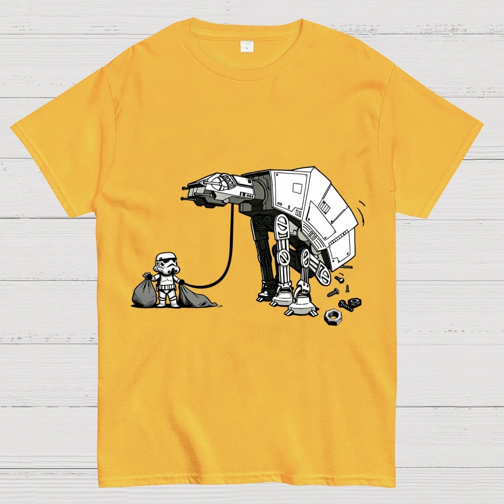 A Stormtrooper Is Picking Up Feces With A Huge Poop Bag Empire Robot Dog-Planet Battles Geek T-Shirt