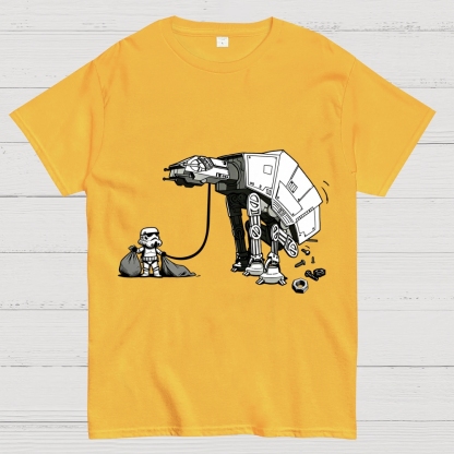 A Stormtrooper Is Picking Up Feces With A Huge Poop Bag Empire Robot Dog-Planet Battles Geek T-Shirt