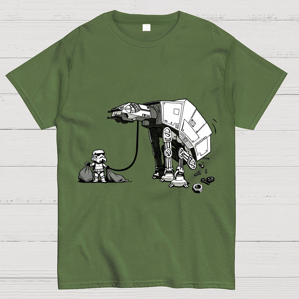 A Stormtrooper Is Picking Up Feces With A Huge Poop Bag Empire Robot Dog-Planet Battles Geek T-Shirt