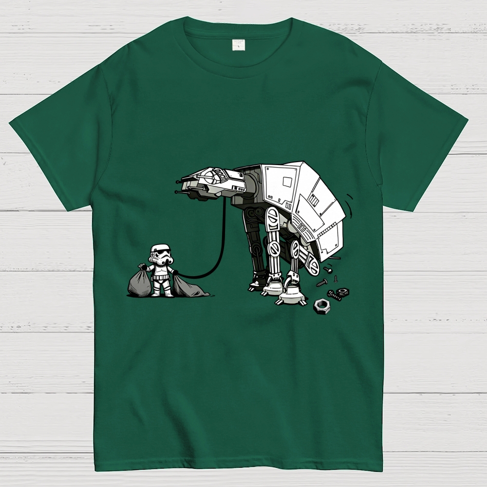 A Stormtrooper Is Picking Up Feces With A Huge Poop Bag Empire Robot Dog-Planet Battles Geek T-Shirt