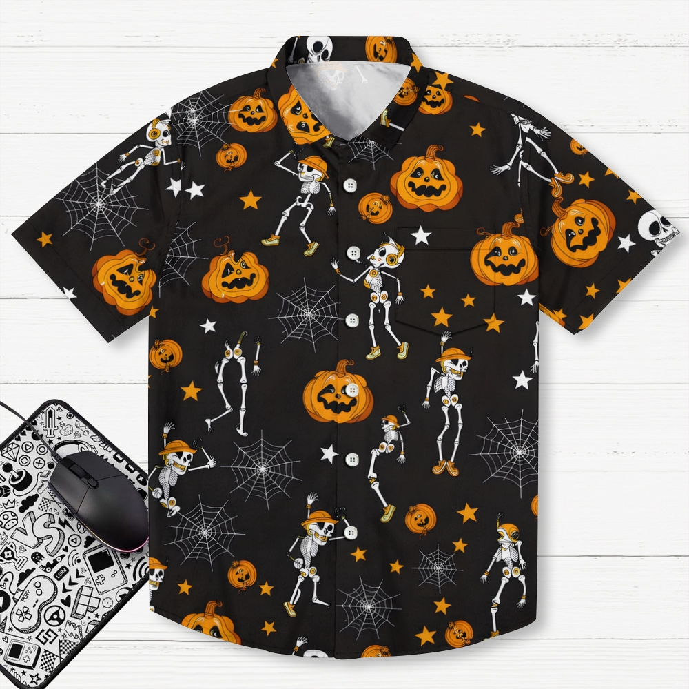 TheRetroTee Vintage Halloween Skeleton Party Geek Hawaiian Shirt